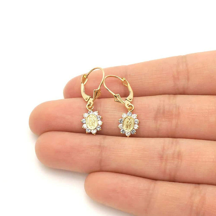 14k Yellow Gold Birthstone Virgin Guadalupe Oval Leverback Earrings 1"