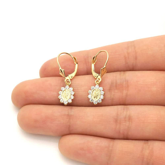 14k Yellow Gold Birthstone Virgin Guadalupe Oval Leverback Earrings 1"