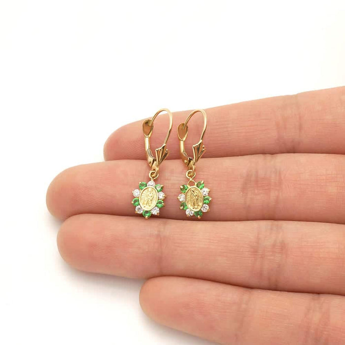 14k Yellow Gold Birthstone Virgin Guadalupe Oval Leverback Earrings 1"