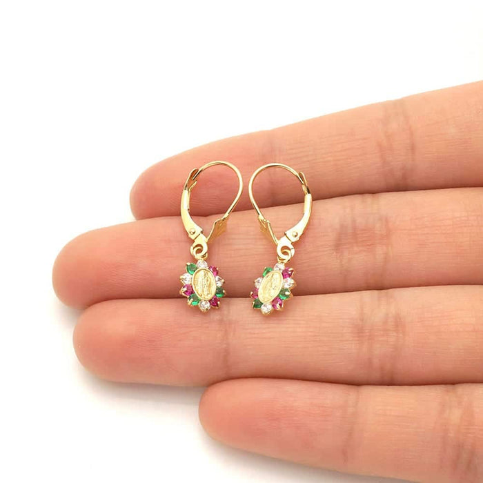 14k Yellow Gold Multicolor CZ Virgin Guadalupe Leverback Earrings 25mm