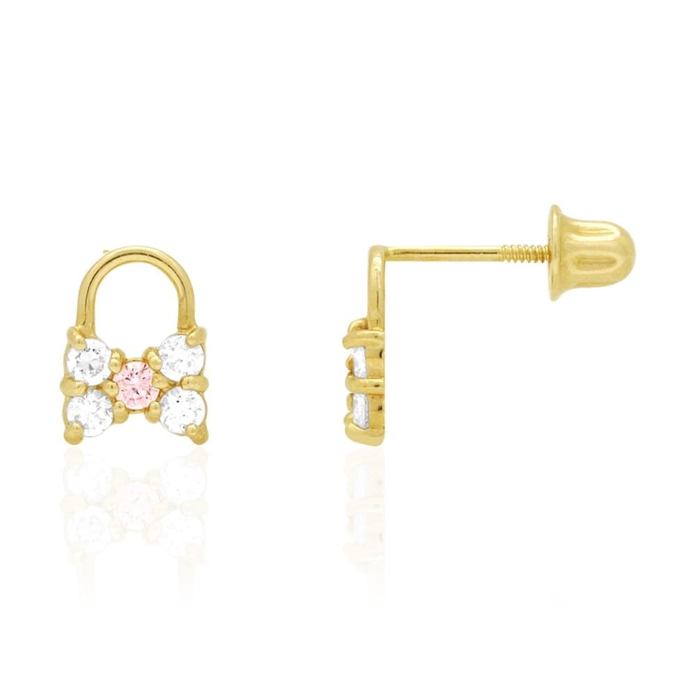 14k Yellow Gold CZ Gemstone Bow Tie Stud Screw Back Earrings 7mm