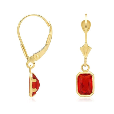 14k Yellow Gold Emerald-Cut Bezel Set Birthstone Drop Leverback Earrings