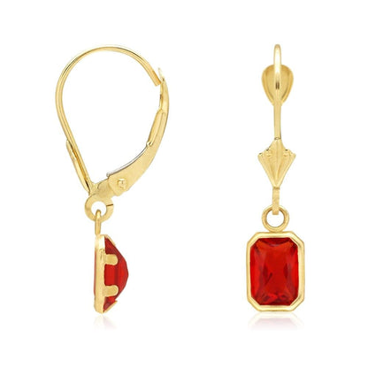 14k Yellow Gold Emerald Cut Bezel Set Birthstone  Drop Leverback Earrings