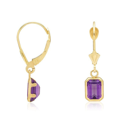 14k Yellow Gold Emerald Cut Bezel Set Birthstone  Drop Leverback Earrings