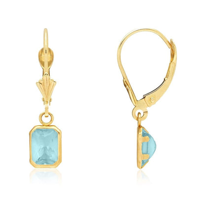14k Yellow Gold Emerald Cut Bezel Set Birthstone  Drop Leverback Earrings