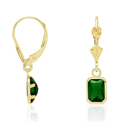 14k Yellow Gold Emerald Cut Bezel Set Birthstone  Drop Leverback Earrings