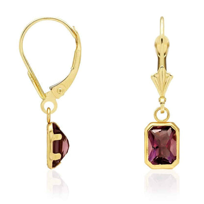 14k Yellow Gold Emerald Cut Bezel Set Birthstone  Drop Leverback Earrings