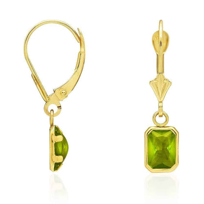 14k Yellow Gold Emerald Cut Bezel Set Birthstone  Drop Leverback Earrings