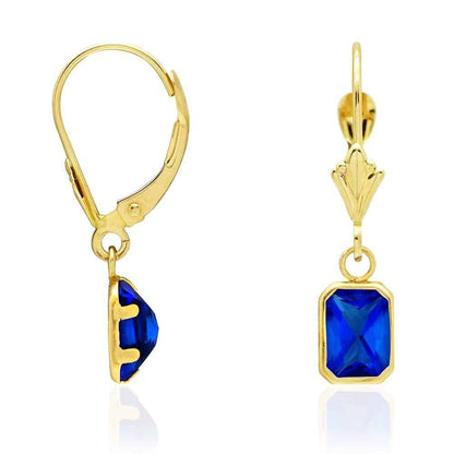 14k Yellow Gold Emerald Cut Bezel Set Birthstone  Drop Leverback Earrings