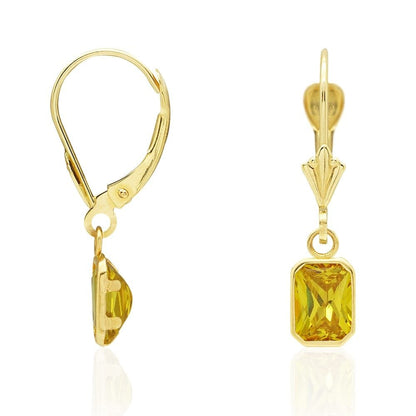 14k Yellow Gold Emerald Cut Bezel Set Birthstone  Drop Leverback Earrings