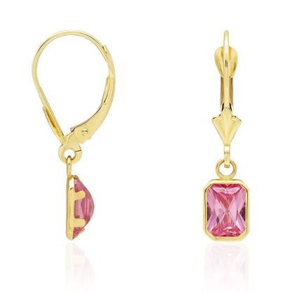14k Yellow Gold Emerald Cut Bezel Set Birthstone  Drop Leverback Earrings