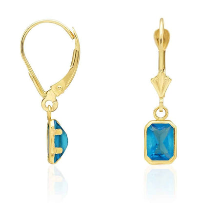 14k Yellow Gold Emerald Cut Bezel Set Birthstone  Drop Leverback Earrings