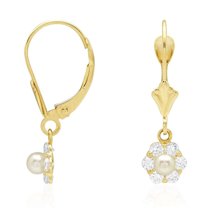 Genuine Pearl CZ 14k Yellow Gold Flower Leverback Earrings