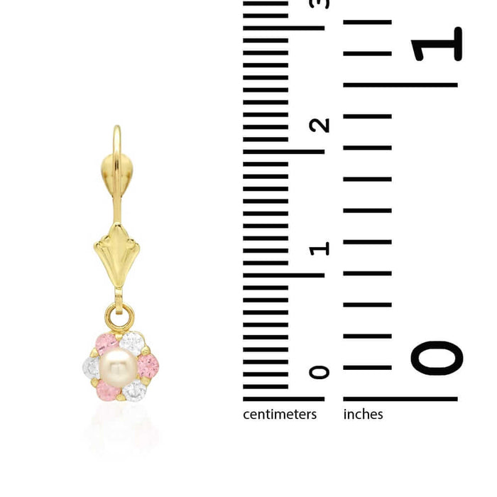 Genuine Pearl CZ 14k Yellow Gold Flower Leverback Earrings