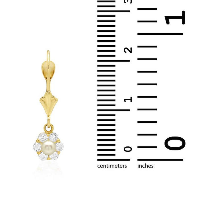 Genuine Pearl CZ 14k Yellow Gold Flower Leverback Earrings