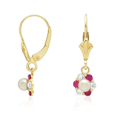 Genuine Pearl CZ 14k Yellow Gold Flower Leverback Earrings