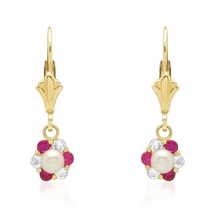 Genuine Pearl CZ 14k Yellow Gold Flower Leverback Earrings