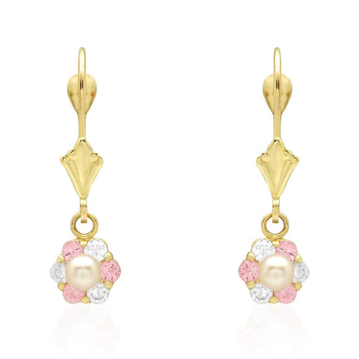 Genuine Pearl CZ 14k Yellow Gold Flower Leverback Earrings