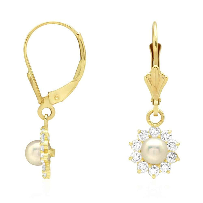 Genuine Pearl CZ 14k Yellow Gold Flower Leverback Earrings