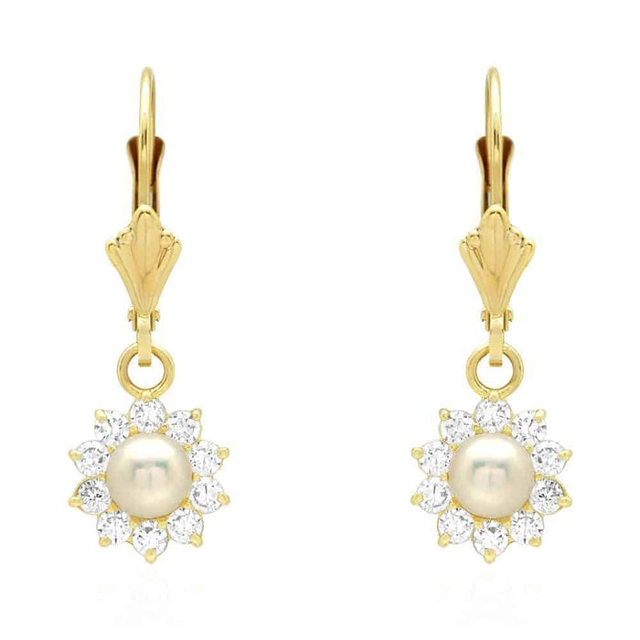 Genuine Pearl CZ 14k Yellow Gold Flower Leverback Earrings