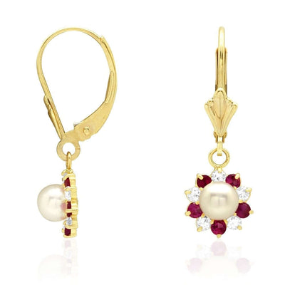 Genuine Pearl CZ 14k Yellow Gold Flower Leverback Earrings
