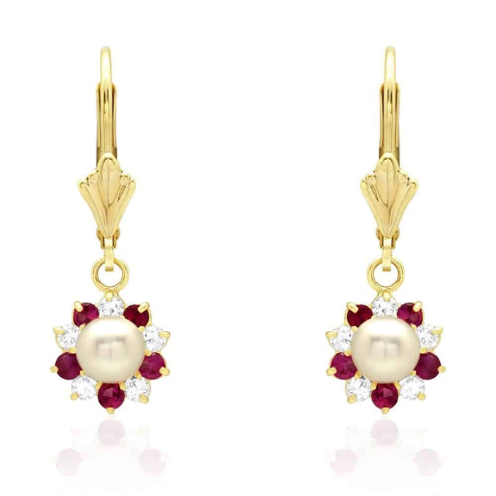 Genuine Pearl CZ 14k Yellow Gold Flower Leverback Earrings