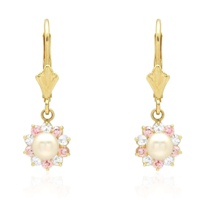Genuine Pearl CZ 14k Yellow Gold Flower Leverback Earrings