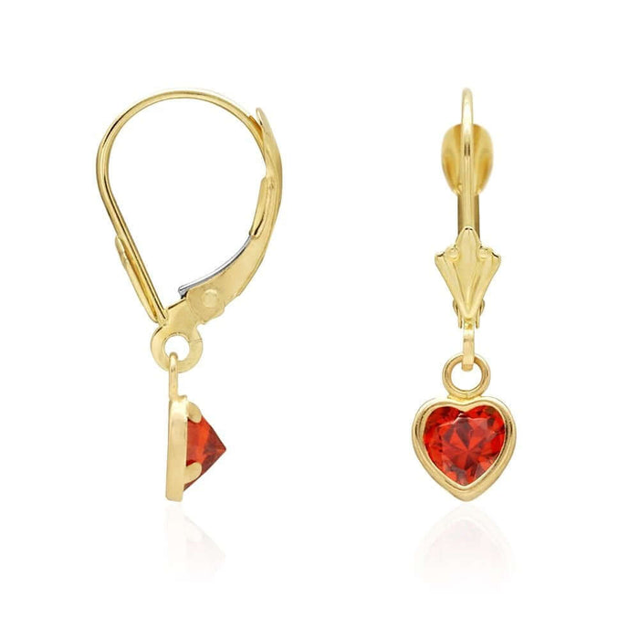 14k Yellow Gold Birthstone Bezel Set Heart Drop Leverback Earrings