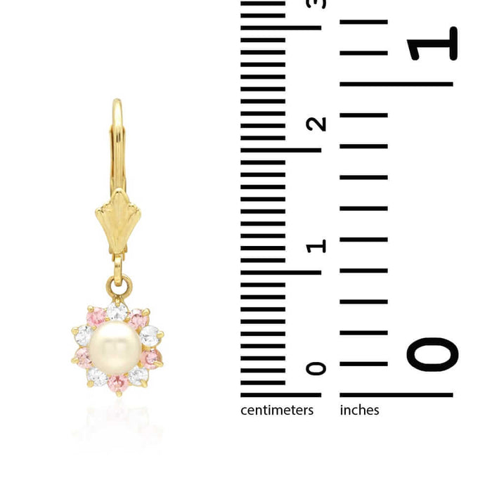 Genuine Pearl CZ 14k Yellow Gold Flower Leverback Earrings