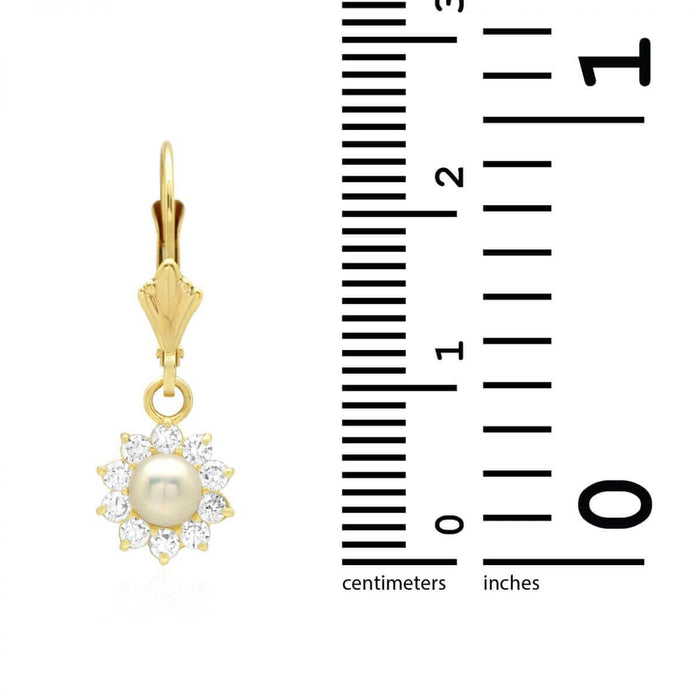 Genuine Pearl CZ 14k Yellow Gold Flower Leverback Earrings