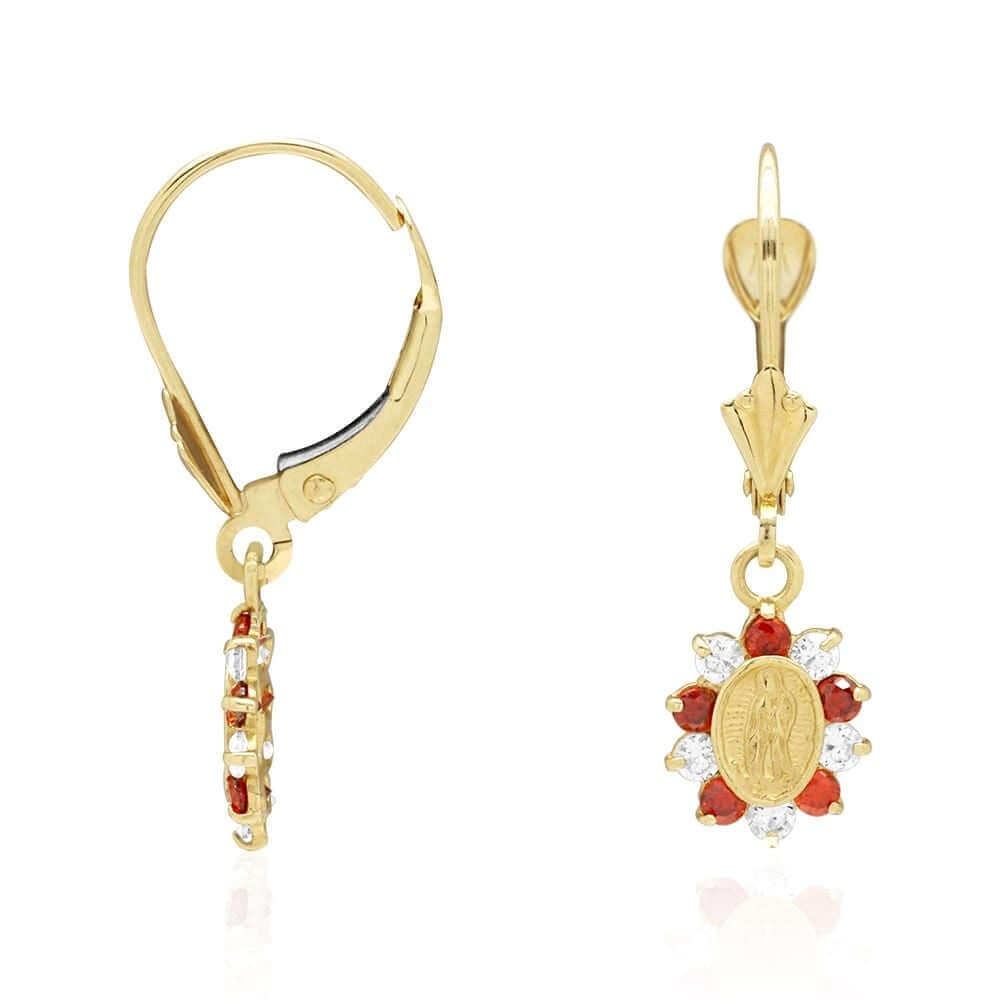 14k Yellow Gold Birthstone Virgin Guadalupe Oval Leverback Earrings 1"