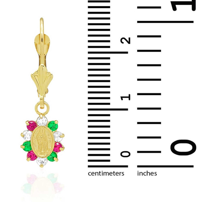 14k Yellow Gold Multicolor CZ Virgin Guadalupe Leverback Earrings 25mm