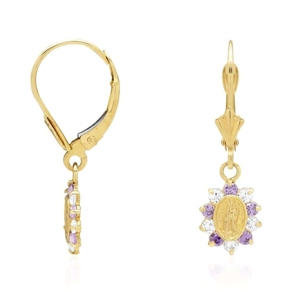 14k Yellow Gold Birthstone Virgin Guadalupe Oval Leverback Earrings 1"