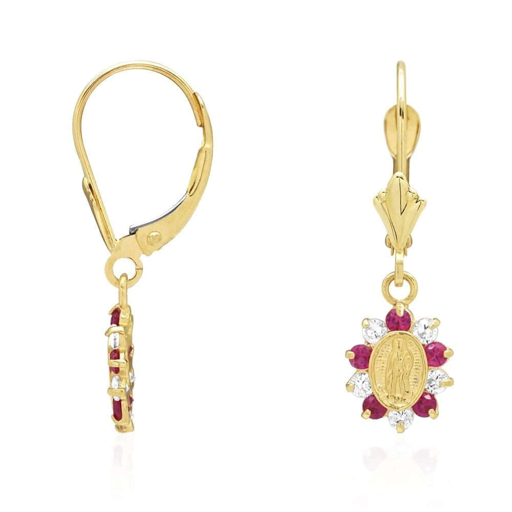 14k Yellow Gold Birthstone Virgin Guadalupe Oval Leverback Earrings 1"