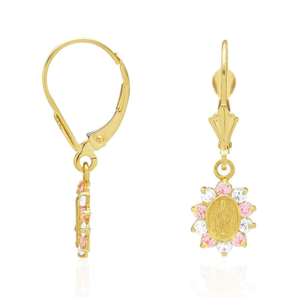 14k Yellow Gold Birthstone Virgin Guadalupe Oval Leverback Earrings 1"