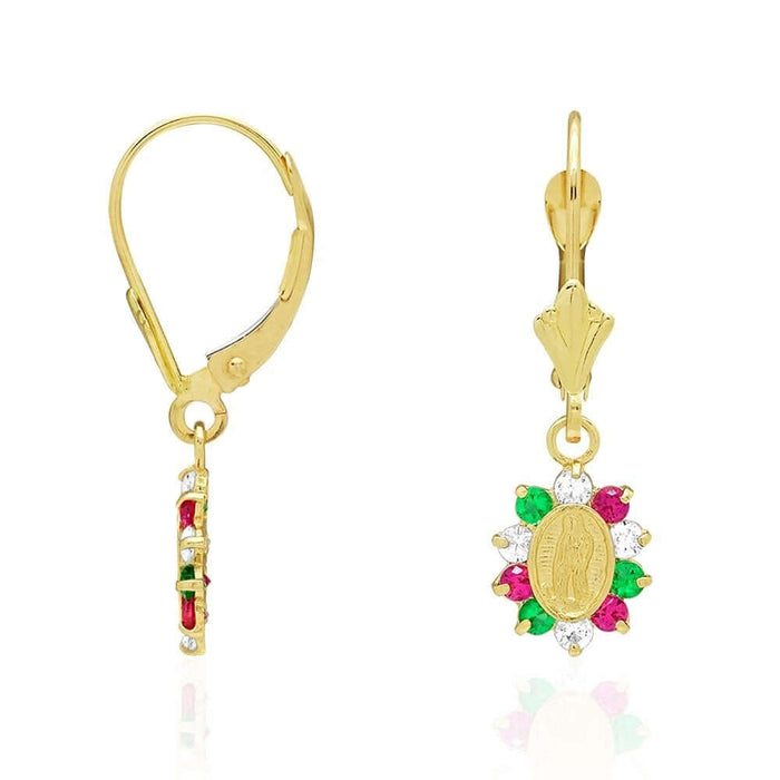 14k Yellow Gold Multicolor CZ Virgin Guadalupe Leverback Earrings 25mm