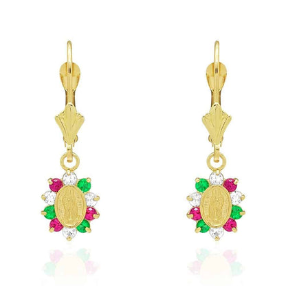 14k Yellow Gold Multicolor CZ Virgin Guadalupe Leverback Earrings 25mm