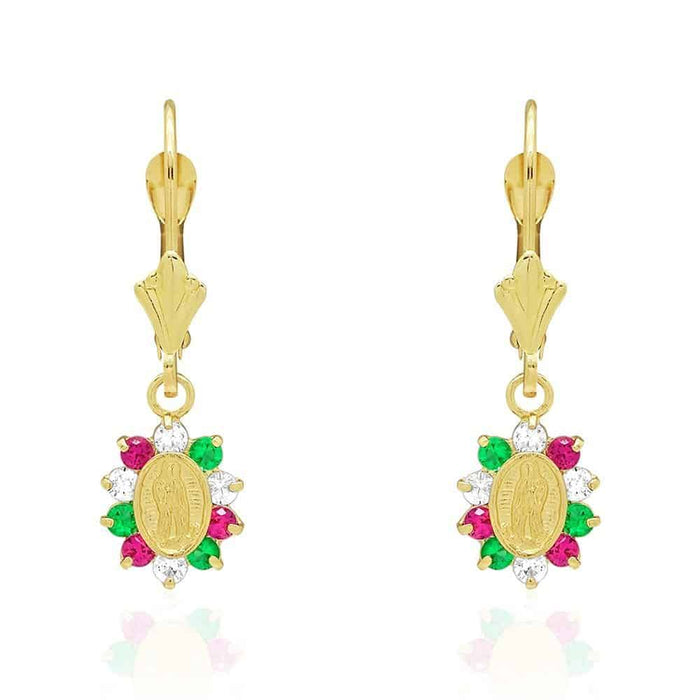 14k Yellow Gold Multicolor CZ Virgin Guadalupe Leverback Earrings 25mm