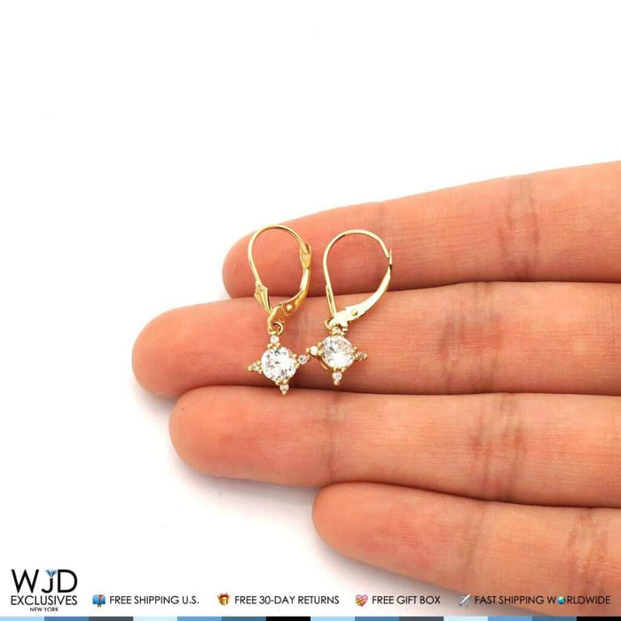 14K Yellow Gold CZ Dangle Drop Leverback Earrings 1.60Ct