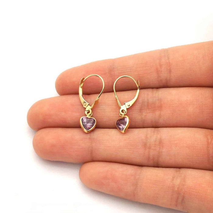 14K Yellow Gold Bezel Set Birthstone Heart Leverback Dangle Earrings 6mm