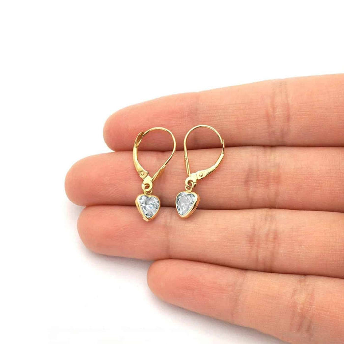 14K Yellow Gold Bezel Set Birthstone Heart Leverback Dangle Earrings 6mm