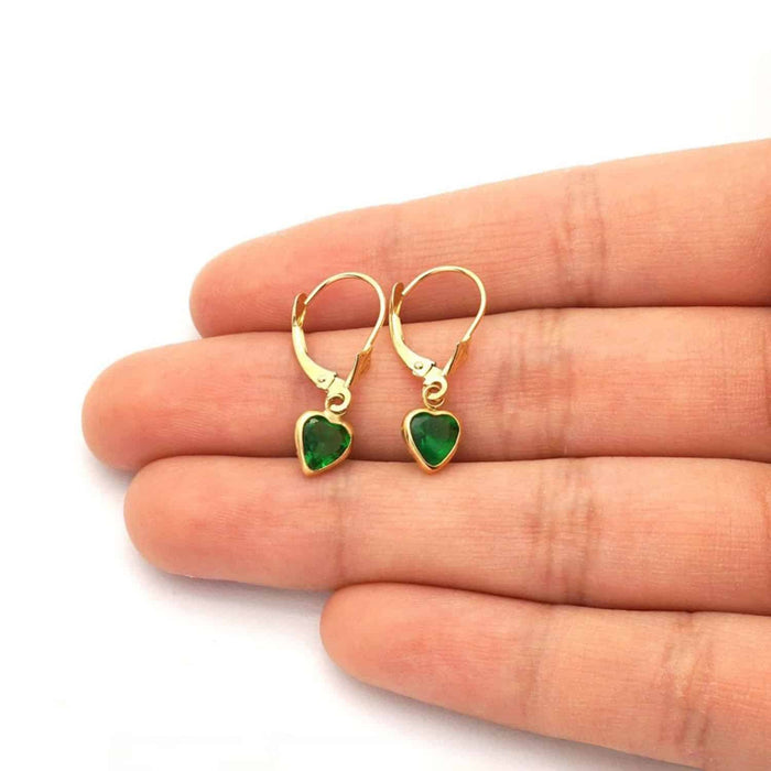 14K Yellow Gold Bezel Set Birthstone Heart Leverback Dangle Earrings 6mm