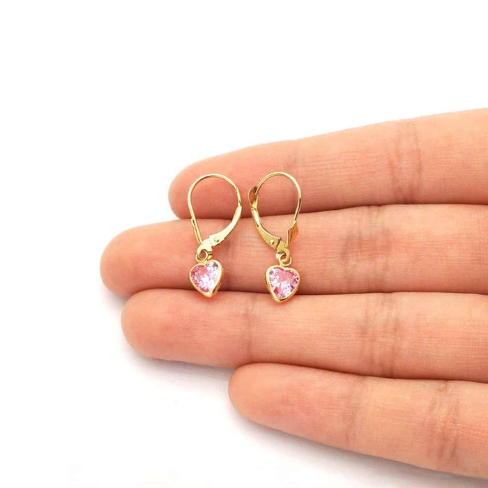 14K Yellow Gold Bezel Set Birthstone Heart Leverback Dangle Earrings 6mm