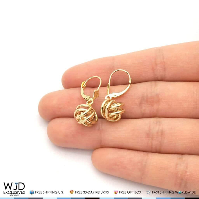 14K Yellow Gold White Gold Drop Love Knot Lever Back Earrings 10mm