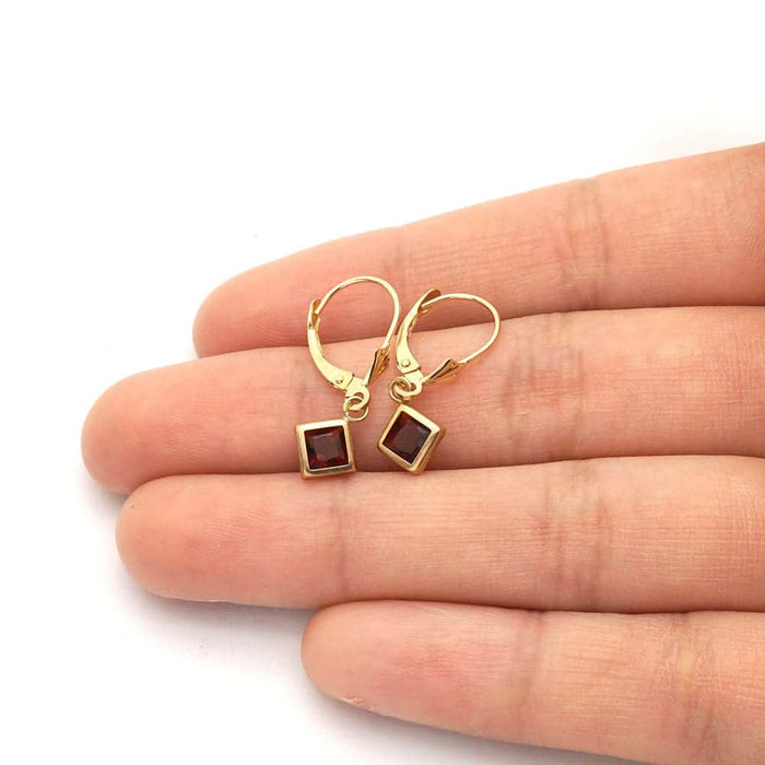 14k Yellow Gold Bezel Princess-Cut Birthstone Drop Leverback Earrings