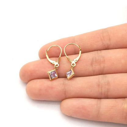 14k Yellow Gold Bezel Princess Cut Birthstone  Drop Leverback Earrings