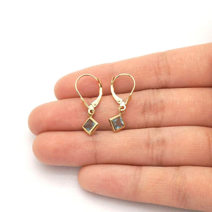 14k Yellow Gold Bezel Princess Cut Birthstone  Drop Leverback Earrings