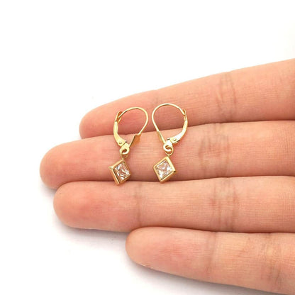 14k Yellow Gold Bezel Princess Cut Birthstone  Drop Leverback Earrings