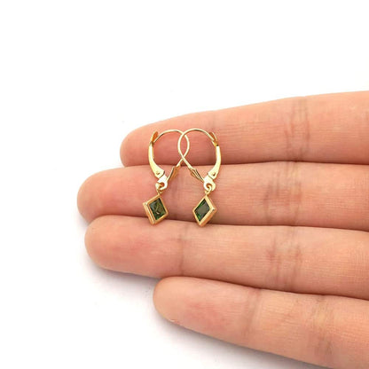 14k Yellow Gold Bezel Princess Cut Birthstone  Drop Leverback Earrings