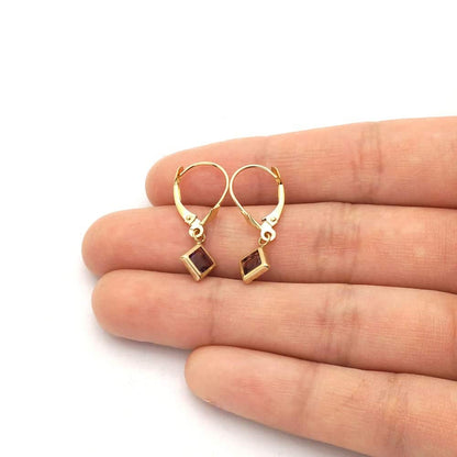 14k Yellow Gold Bezel Princess Cut Birthstone  Drop Leverback Earrings